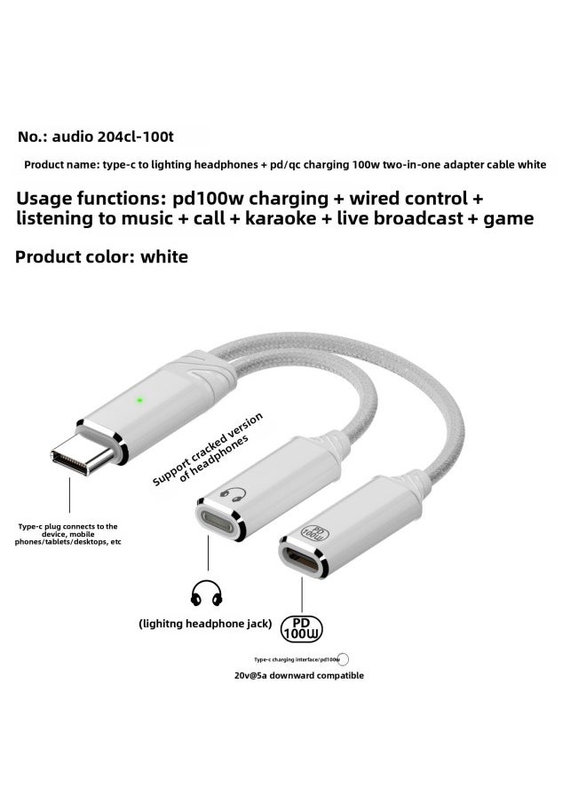 Generic Applicable To For Iphone16Type-C One-Two Lightning Headset Converter PD100W Fast Charge HIFI Sound Quality-Interface Form:Type-c One-to-two C Port Fast Charging + Lightning Headphones White  - Image 1