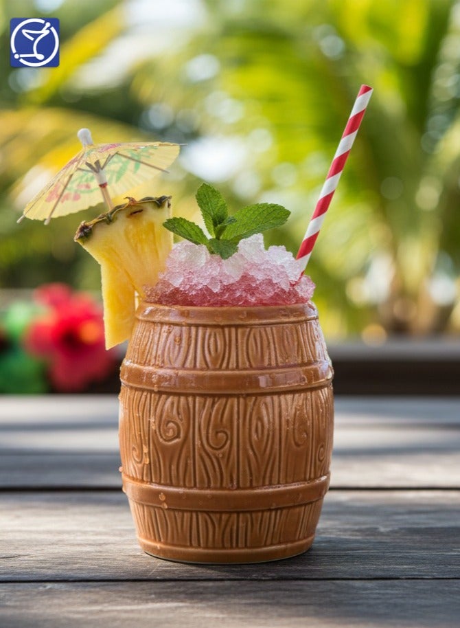 BarPros Ceramic Barrel Tiki Mug 510ml, Handcrafted Tropical Beverage Cup, Light Brown - Image 3