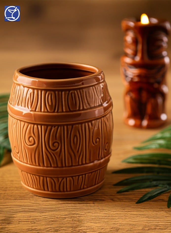 BarPros Ceramic Barrel Tiki Mug 510ml, Handcrafted Tropical Beverage Cup, Light Brown - Image 2
