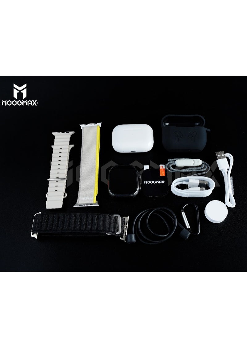 MOOGMAX - The Smart bundle package 2-in-1, Ultra smart watch 49MM Titanium case, works with gestures, all sports modes, heart and sleep measurements, support for NFC and Airbuds 4 from Moogmax TWS earphones. - Image 1
