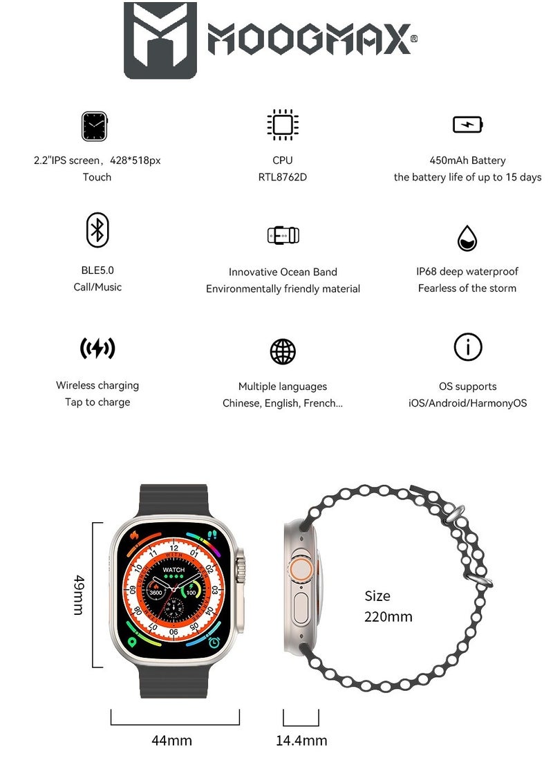 MOOGMAX - The Smart bundle package 2-in-1, Ultra smart watch 49MM Titanium case, works with gestures, all sports modes, heart and sleep measurements, support for NFC and Airbuds 4 from Moogmax TWS earphones. - Image 1