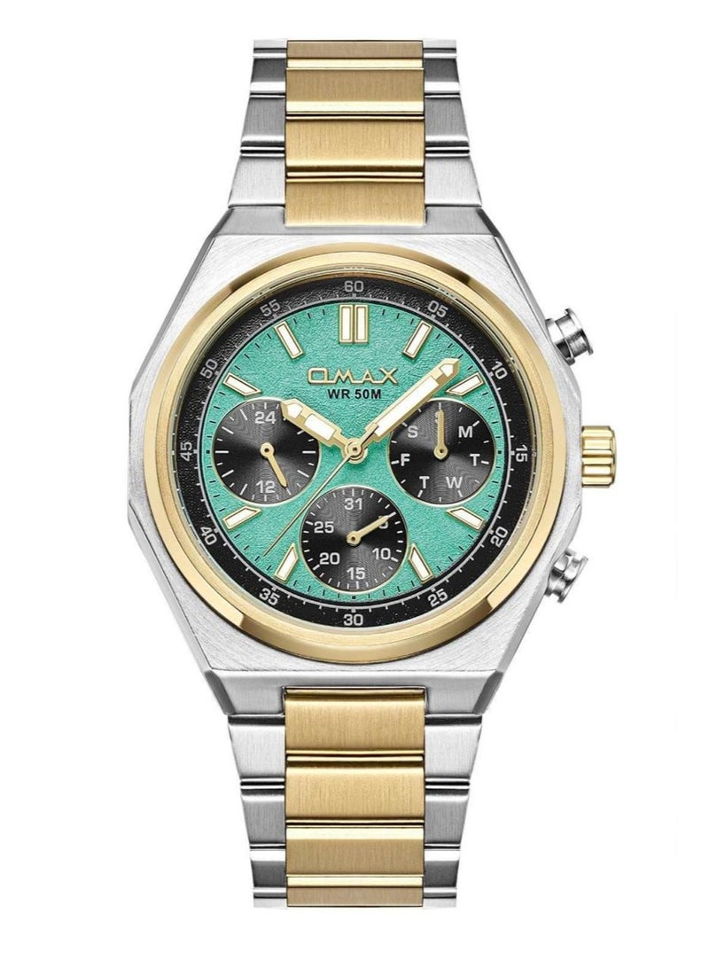 Omax Men's Chronograph Wrist Watch, Two-Tone, Green Dial, WR 50M - Image 1