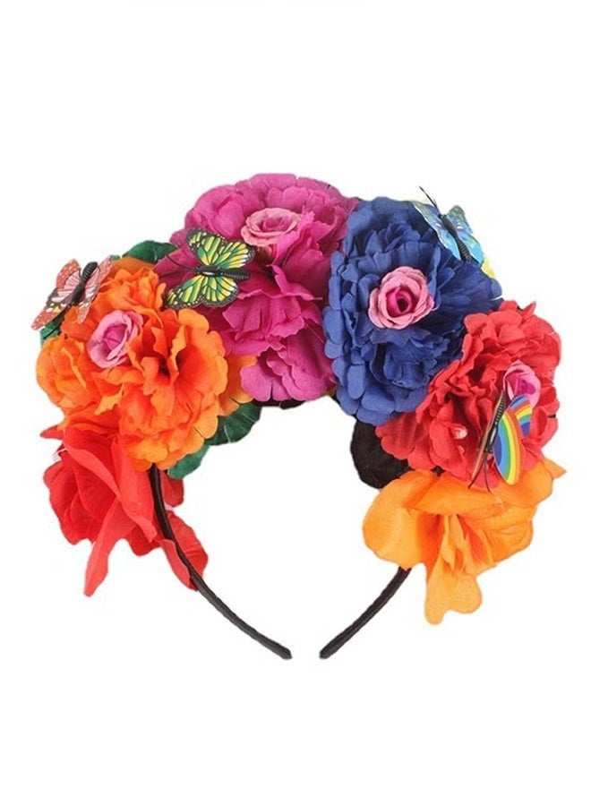 Mexican Flower Crowns Headband, Headpiece for Halloween Festival Party（Colorful） - Image 1