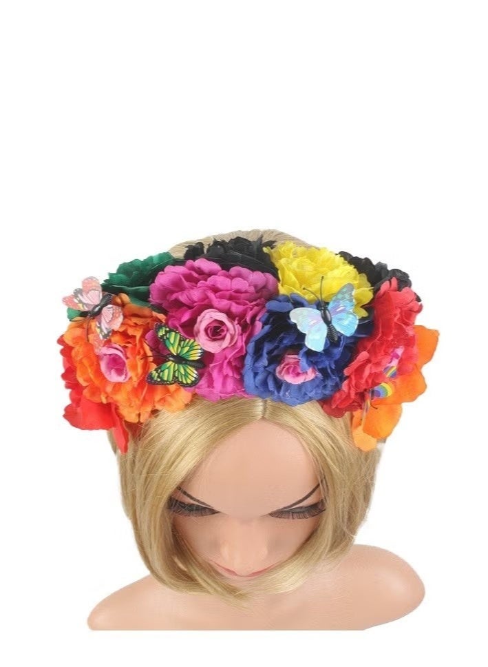 Mexican Flower Crowns Headband, Headpiece for Halloween Festival Party（Colorful） - Image 2