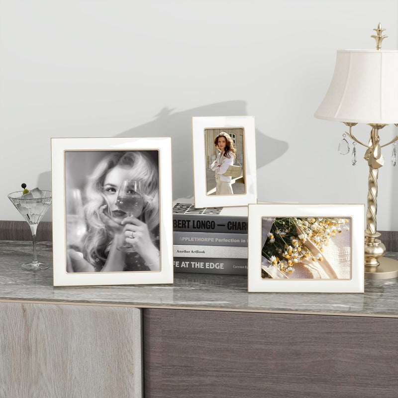 Axeman 5x7 Enamel Picture Frames with Tempered Glass|5 x 7 Modern Photo Frame with Gold Metal Edge Velvet Back for Tabletop and Wall Mount Display for Shelf  Desk & Countertop Decor  White - Image 2