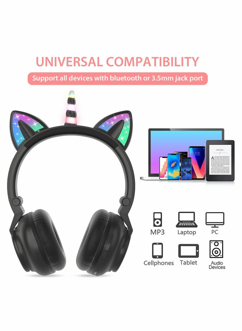 Generic - Unicorn Headphones, Bluetooth Foldable Headphones Stereo with Microphone and Volume Control Light Up for PC/Cell Phones/TV/iPad, Boys Girls Kids (Black) - Image 1