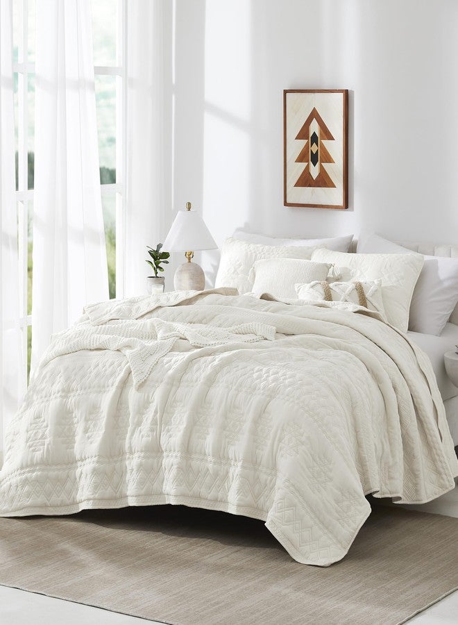 WDCOZY Boho Ivory Twin Quit Size Bedding Sets with 1 Pillow Sham, Cream White Farmhouse Lightweight Soft Bedspread Coverlet for All Season, 2 Pieces, 68x90 inches - Image 2