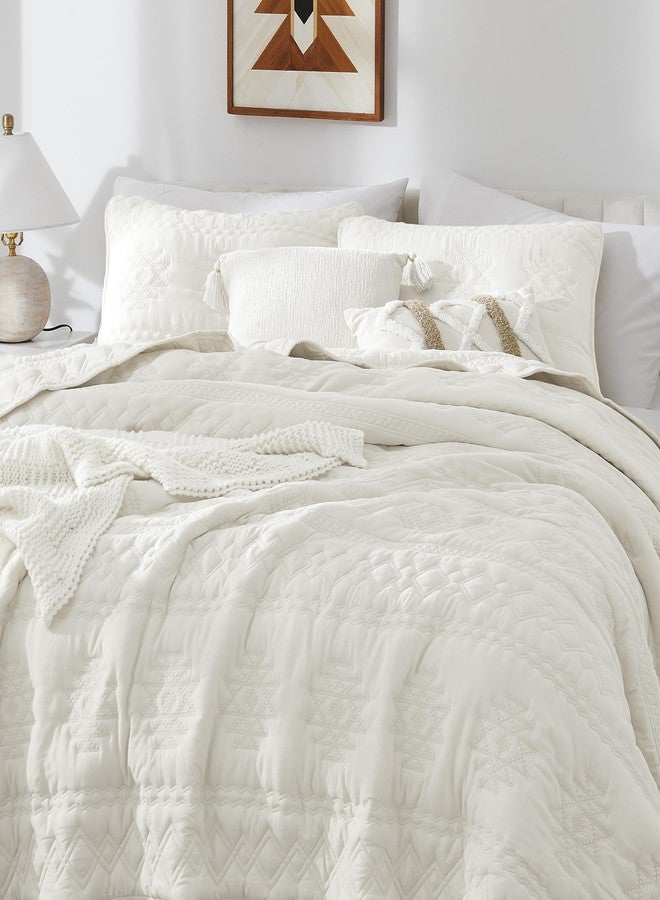 WDCOZY Boho Ivory Twin Quit Size Bedding Sets with 1 Pillow Sham, Cream White Farmhouse Lightweight Soft Bedspread Coverlet for All Season, 2 Pieces, 68x90 inches - Image 3