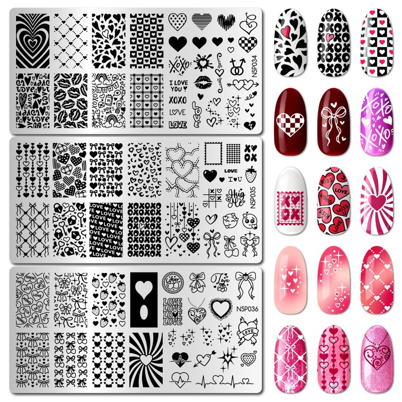 Arbuya Valentines Day Nail Art Stamping Plates Set of 3 - Hearts, Bows, XOXO, Lips & Love Designs Stamping Template for Cute & Romantic Nail Art DIY Manicure Saloon Tools Supplies - Image 1
