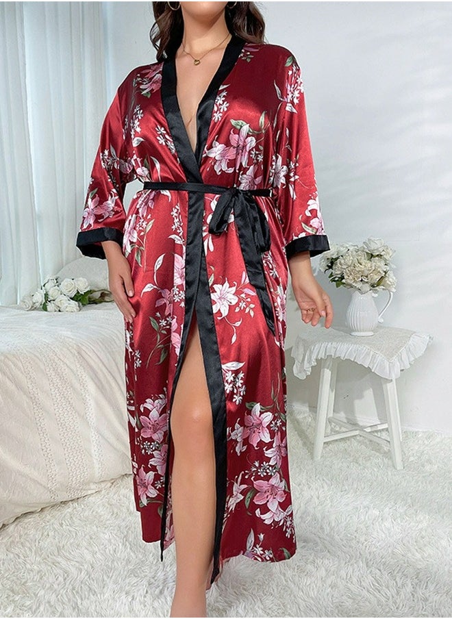Loquat - Women's Floral Printed Imitation Silk Nightgown Soft Loungewear Sleepwear Night-Robe Red Mix - Image 1