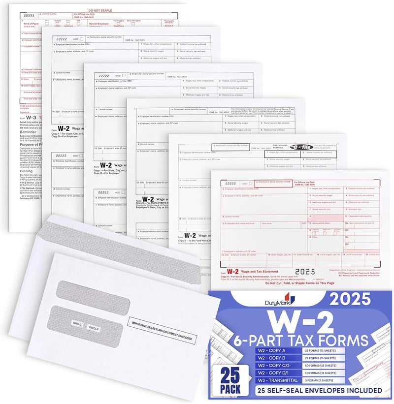 Dutymark W2 Forms 2025 with Envelopes, 6 Part W2 Tax Forms for 25 Employees IRS Compatible Laser Forms with 3 W3s, Works with Quick books in Other Software - Includes 25 Self-Seal Envelopes - Image 1