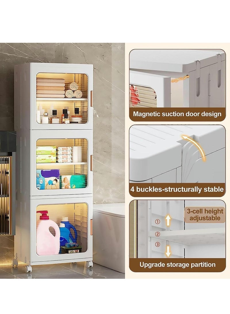 Generic Storage Cabinet Kitchen Storage Bins Foldable Storage Box with Transparent Doors and Wheels Stackable Pantry Cabinet Cupboard Closet for Small Space, Bathroom, Kitchen(3 Tier）  - Image 4