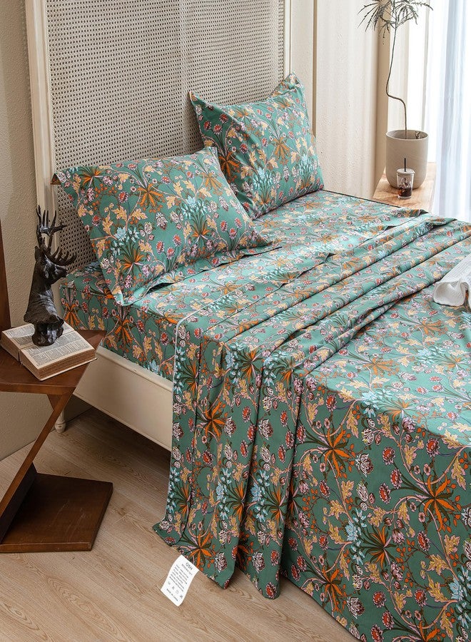 QSH 100% Cotton Sheets King Size Bed, Floral Pattern Botanical Luxury Cotton Printed Floral Sheets Size Sets Extra Soft and Breathable 4pcs Deep Pockets Bedding Sheets - Image 2