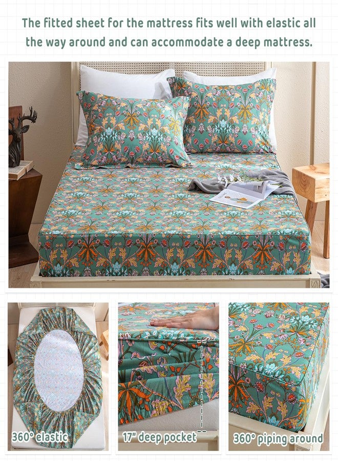 QSH 100% Cotton Sheets King Size Bed, Floral Pattern Botanical Luxury Cotton Printed Floral Sheets Size Sets Extra Soft and Breathable 4pcs Deep Pockets Bedding Sheets - Image 4