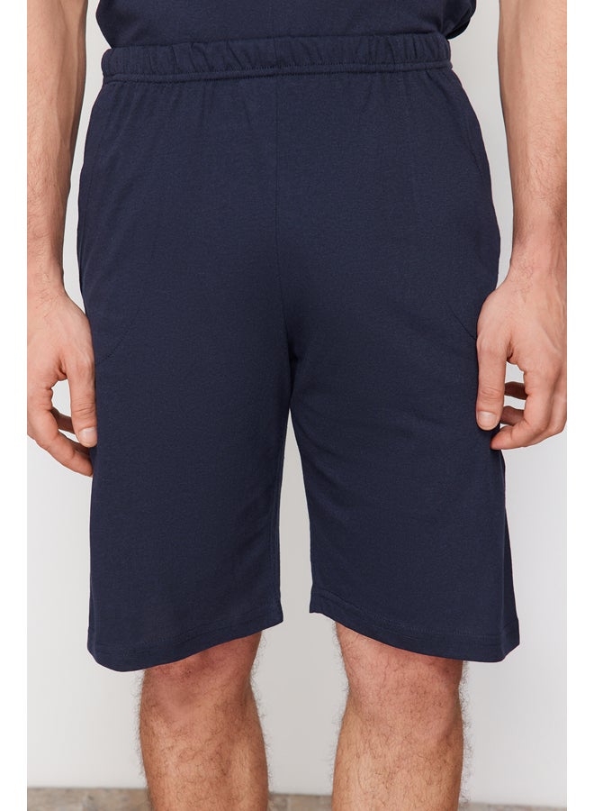 trendyol Navy Blue Button Collar Regular Fit Pajama Set with Knitted Shorts TMNSS24PT00045 - Image 5