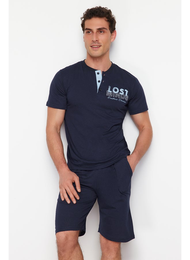 trendyol Navy Blue Button Collar Regular Fit Pajama Set with Knitted Shorts TMNSS24PT00045 - Image 1