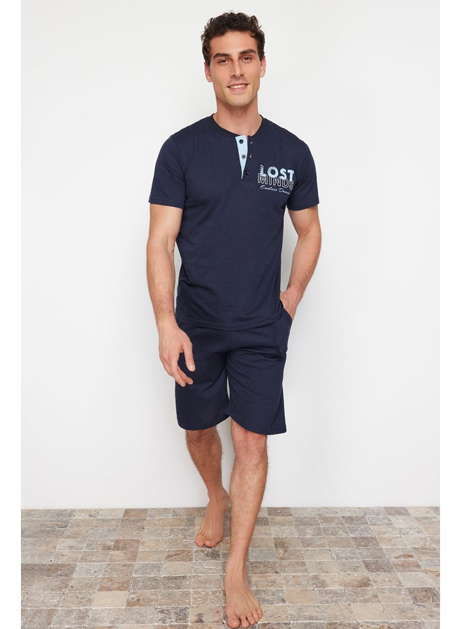 trendyol Navy Blue Button Collar Regular Fit Pajama Set with Knitted Shorts TMNSS24PT00045 - Image 3
