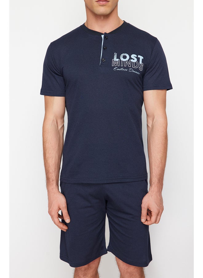 trendyol Navy Blue Button Collar Regular Fit Pajama Set with Knitted Shorts TMNSS24PT00045 - Image 4