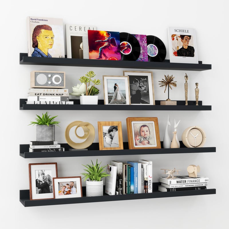 Axeman Picture Ledge Shelf | 36 Inch Walnut Floating Shelves Set of 4 | Rustic Wood Wall Shelves with Lip | 36" Walnut Picture Shelves for Wall with Ledge | Photo Shelves - Image 1