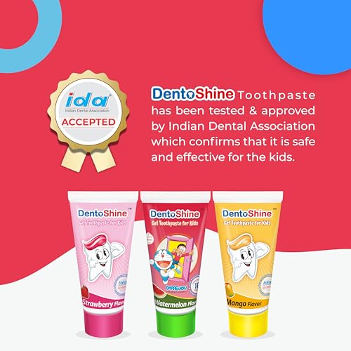 DentoShine Gel Toothpaste for Kids | Pack of 3 Flavors (Strawberry, Mango & Watermelon, 80g each) | IDA Accepted | Ages 2+ - Image 2