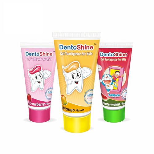 DentoShine Gel Toothpaste for Kids | Pack of 3 Flavors (Strawberry, Mango & Watermelon, 80g each) | IDA Accepted | Ages 2+ - Image 1