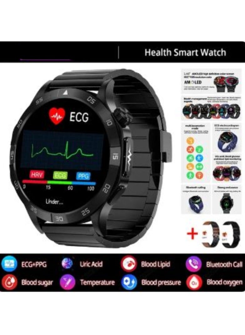 AROAQ Blood Sugar 1.43 Inch Smart Watch AMOLED Display Blood Lipid Uric Acid Health Monitor Sport Watch Smart ECG+PPG HD Bluetooth Call AI Voice Smartwatch SOS (Stainless Steel With 2 Extra Straps) - Image 1