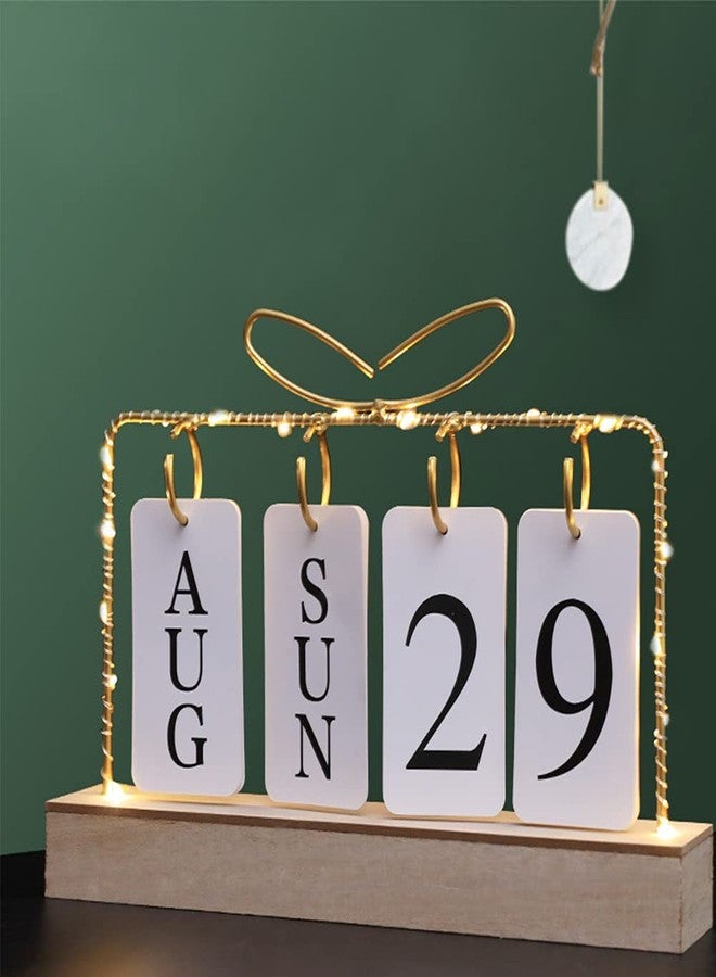 AUSTUFF Flip Wooden Perpetual Calendar Gold Metal Stand with Paper Monthly Daily Calendar with Light For Daily Office Home Decor Reusable Office Accessory - Image 1