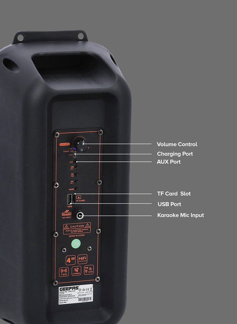 GEEPAS Rechargeable Portable Speaker, Portable Handle with 1500 MAH Huge Battery| TWS Connection & Compatible with BT/ USB/ AUX/ FM/ Micro SD | Ideal for Home, Hotels, Trips & Outdoor Use GMS11187 Black - Image 5