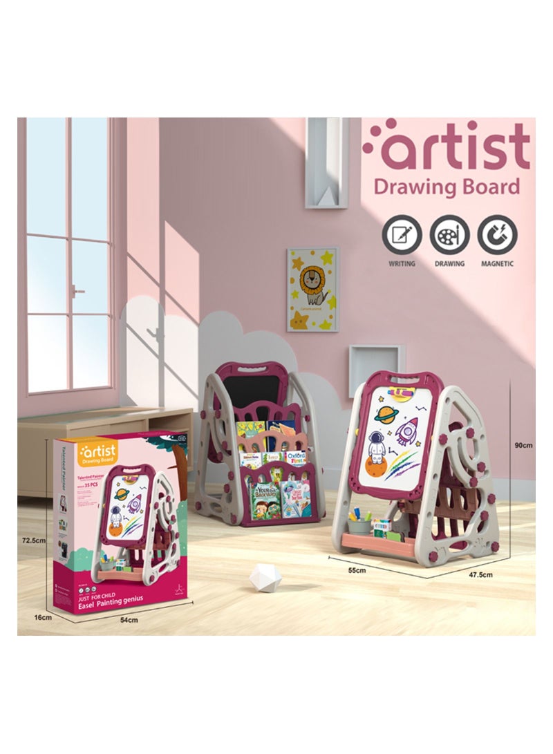 Little Story Double Sided Multifunctional Magnetic Drawing, Learning Board With Book Shelf - Pink - Image 2