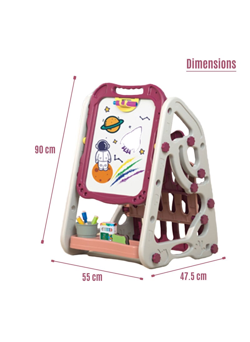 Little Story Double Sided Multifunctional Magnetic Drawing, Learning Board With Book Shelf - Pink - Image 3