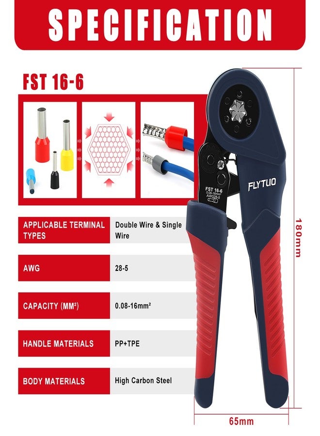 Flytuo Ferrule Crimping Tool Set, 6 Sides Crimp Pliers 0.05-16mm²(AWG 28-5), Self-Adjustable Ratchet Crimping Tool for Cable End Sleeves and Wire Ferrules, Suitable for Repair and DIY Enthusiasts - Image 2