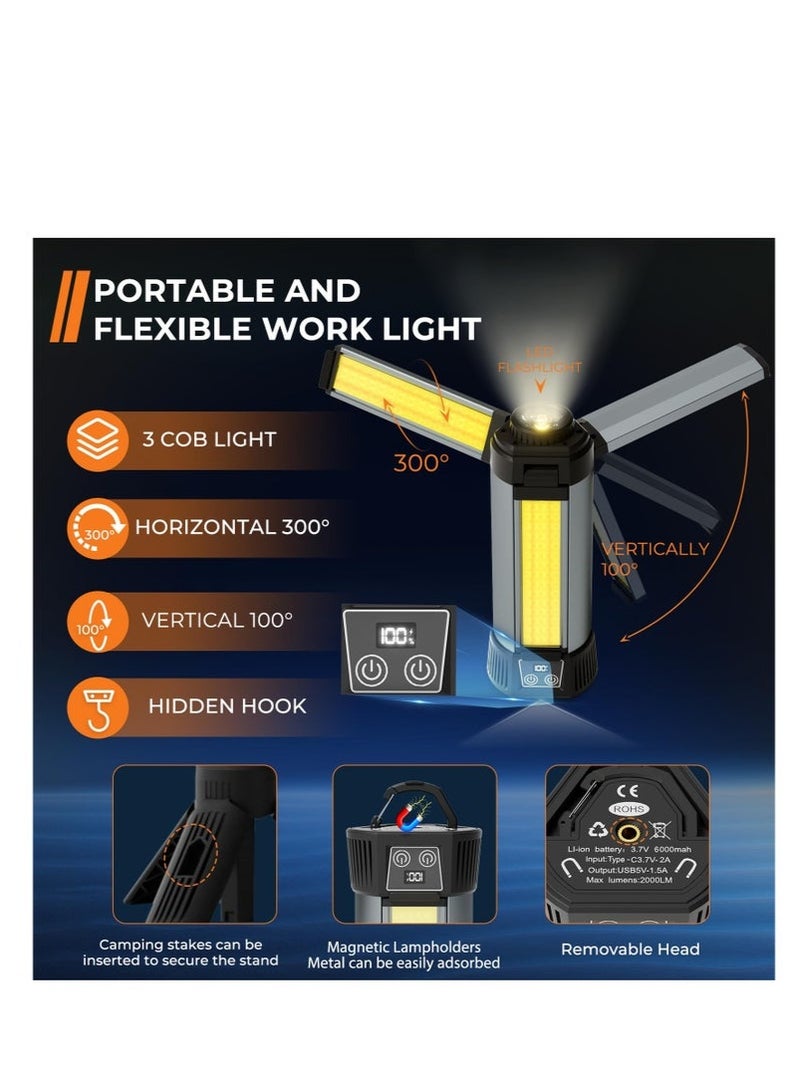 STL Rechargeable Work Light with Stand,LED Work Light with Portable Folding Stand,Battery Work Light for Cordless,2000Lumen Outdoor Camping Construction Lights - Image 2