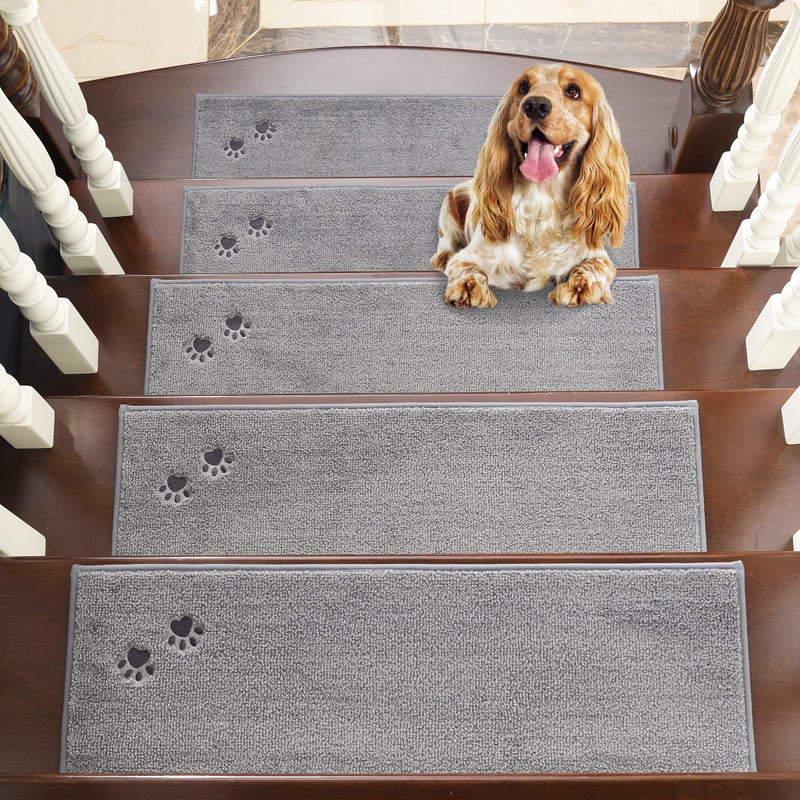 BEQHAUSE Stair Treads for Wooden Steps 28inX9in Non Slip Carpet Stair Treads Indoor Stair Runners Machine Washable Soft Stair Rugs Mat Surface Polyester TPE Backing 15pcs Grey