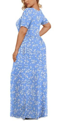 LONGYUAN Women's Plus Size Maxi Dresses for Curvy Women Summer Short Sleeve Casual 2026 Long Dress Light Blue Fl 4XL - Image 3
