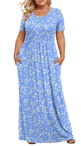 LONGYUAN Women's Plus Size Maxi Dresses for Curvy Women Summer Short Sleeve Casual 2026 Long Dress Light Blue Fl 4XL - Image 1