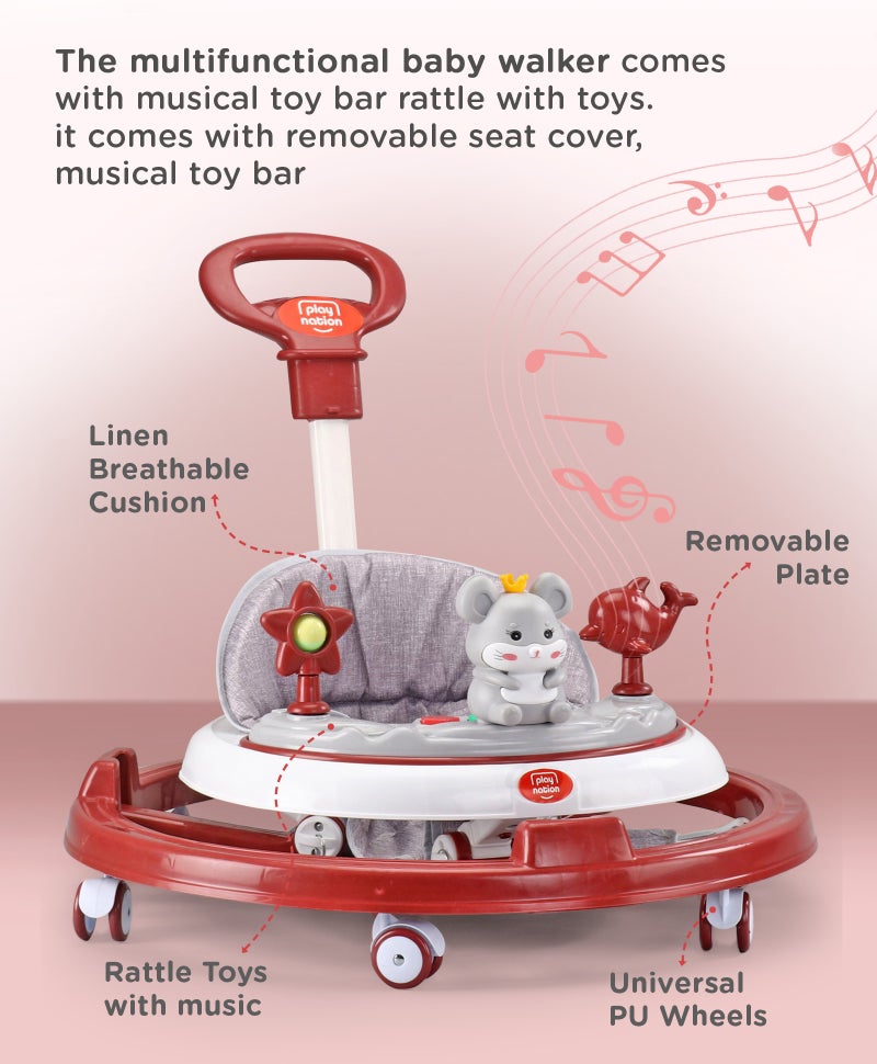 PlayNation Play Nation Musical Baby Walker with Lights, Parent Push Handle, Removable Foot Mat, Adjustable Height, Foldable Design, 6 to 18 Months, 206 x 66 x 84 cm - Red and White - Image 3