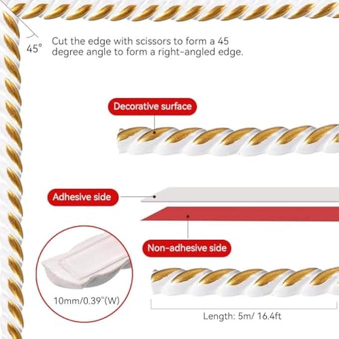 YOURBRAND FLEXIBLE WALL TRIM MOLDING, SELF ADHESIVE PEEL AND STICK BORDER, 10MM X 5M, WATERPROOF DECORATIVE EDGE FOR WALLS, CEILINGS, CABINETS, MIRROR FRAME, DIY DECOR, WHITE GOLD - Image 3