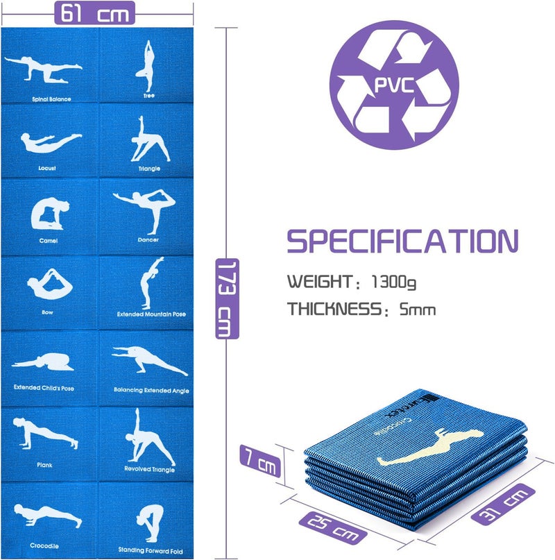 Eurotex Travel Yoga Mat Non Slip Foldable Portable Gym Mat Fitness Training Pilates Exercise Mat Workout for Women Men with Carry Bag | Yoga Mat With Pictures of Asanas (Blue) - Image 3
