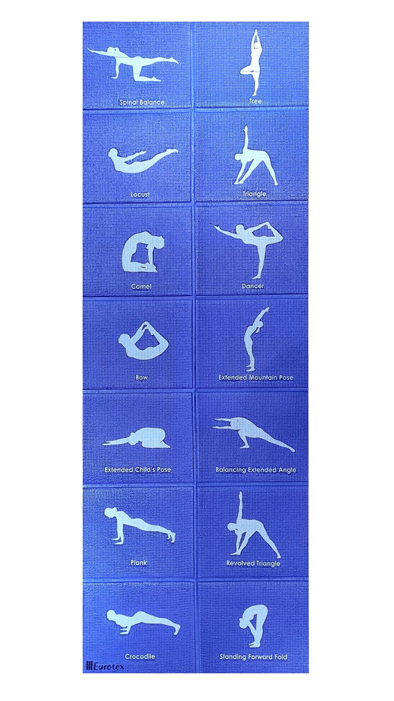Eurotex Travel Yoga Mat Non Slip Foldable Portable Gym Mat Fitness Training Pilates Exercise Mat Workout for Women Men with Carry Bag | Yoga Mat With Pictures of Asanas (Blue) - Image 1