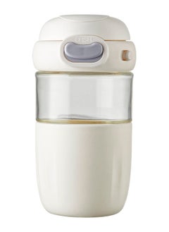 Reusable Coffee Cup, 16 oz Clear Glass Travel Mug with Flip-open Lid, 100% BPA Free, Microwave Safe, Anti-slip Silicone Sleeve (White)