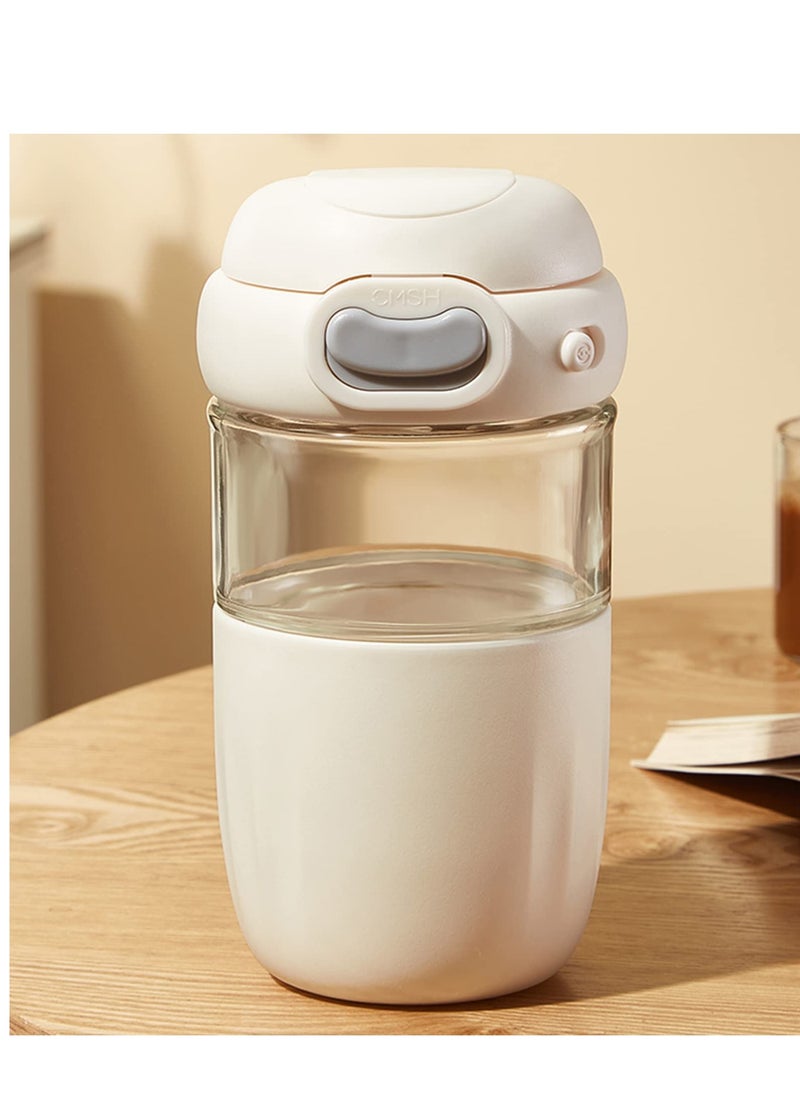 Generic - Reusable Coffee Cup, 16 oz Clear Glass Travel Mug with Flip-open Lid, 100% BPA Free, Microwave Safe, Anti-slip Silicone Sleeve (White) - Image 1