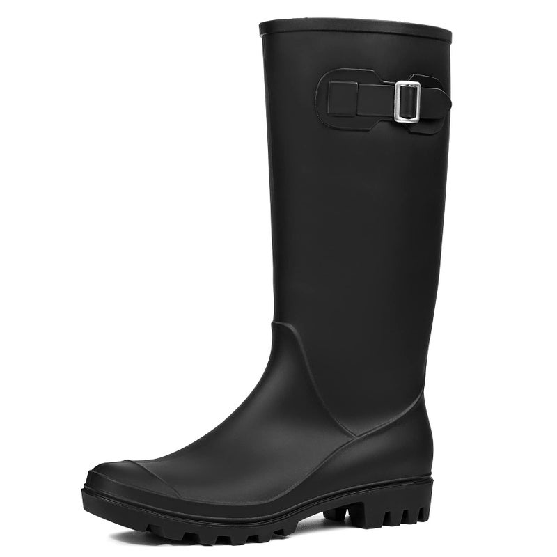 DKSUKO Women's Tall Rain Boots Garden Boots Waterproof Wellington Rubber Boots(7 B(M) US, Matte Black) - Image 1