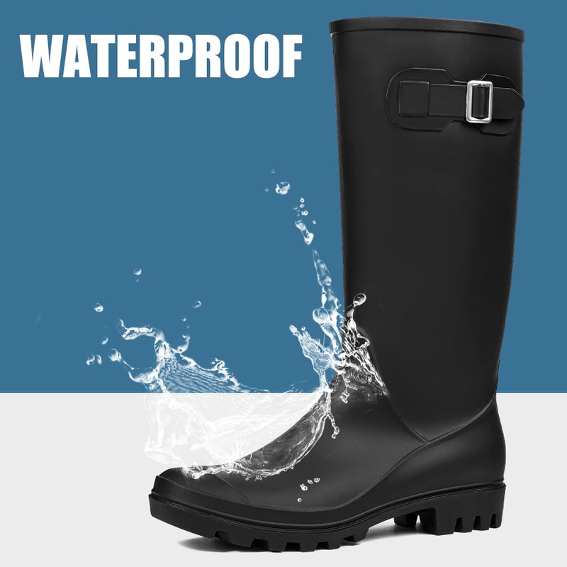 DKSUKO Women's Tall Rain Boots Garden Boots Waterproof Wellington Rubber Boots(7 B(M) US, Matte Black) - Image 3
