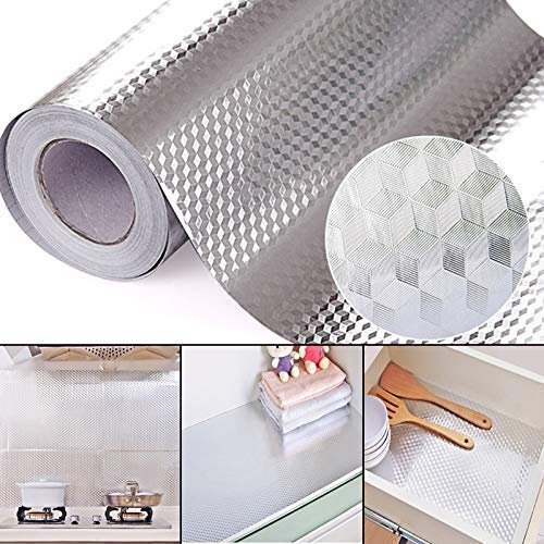 LADILA Aluminum Foil Self Adhesive DIY Kitchen Anti Oil Paper Peel Stick Wall Stickers Waterproof Wallpaper Decal Stove Cabinets Countertops Sticker Drawer Shelve Liner Silver 2MM Desgin 1 - Image 2