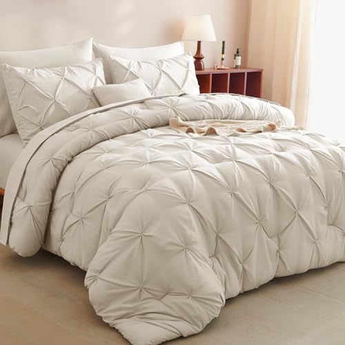 CozyLux Beige Comforter Set Full 7 Pieces Bed in a Bag Cream Off White Comforter Full Pintuck Design Size Comforter Set Pinch Pleated Beige Complete Set with Sheets PillowcasesShams
