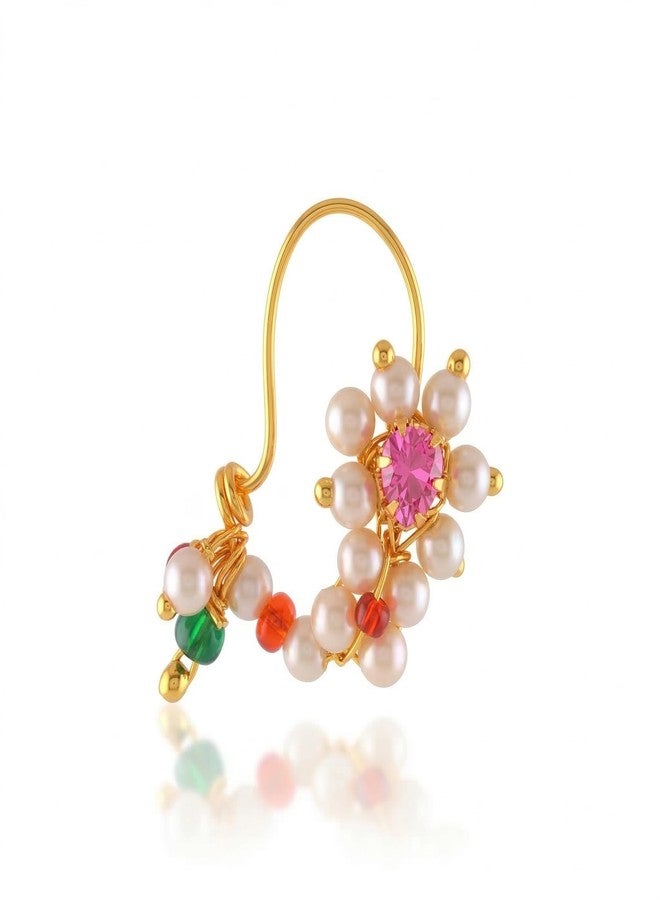 Superstore18 Brass 24KT Micron Gold Plated Maharashtrian Nath Nose Pin with Cultured Pearls & Beads – Traditional Ethnic Designer Jewellery (SST2615NTKK) - Image 1