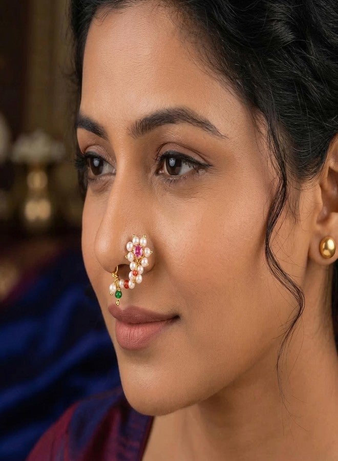 Superstore18 Brass 24KT Micron Gold Plated Maharashtrian Nath Nose Pin with Cultured Pearls & Beads – Traditional Ethnic Designer Jewellery (SST2615NTKK) - Image 2