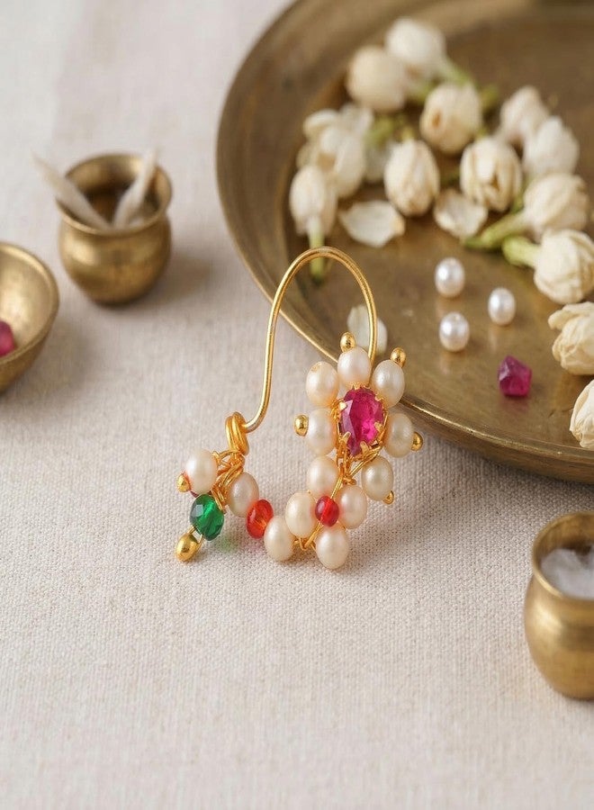 Superstore18 Brass 24KT Micron Gold Plated Maharashtrian Nath Nose Pin with Cultured Pearls & Beads – Traditional Ethnic Designer Jewellery (SST2615NTKK) - Image 4