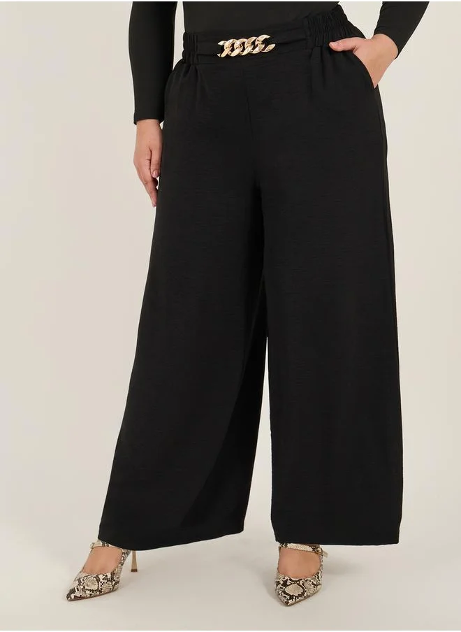 ستايلي Plus Size Textured Wide Leg Trousers with Chain Buckle Detail