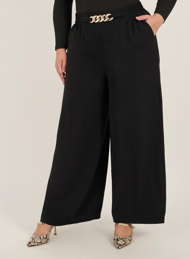 Styli Plus Size Textured Wide Leg Trousers with Chain Buckle Detail  - Image 2